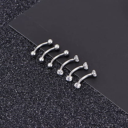 Briana Williams 6pcs Stainless Steel Rook Daith Earrings Belly Lip Ring Eyebrow Studs Cartilage Tragus Cubic Zirconia Barbell Body Piercing 8mm (5/16") - color: 3 -Silver