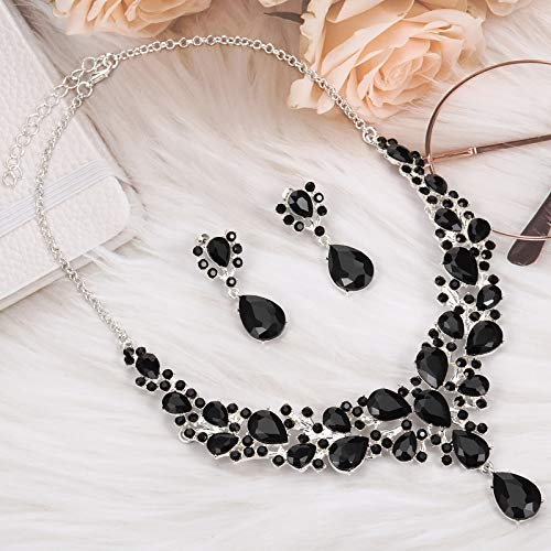 Hicarer Bridal Teardrop Cluster Crystal Jewelry Set for Women Necklace Earrings Wedding - color: Black