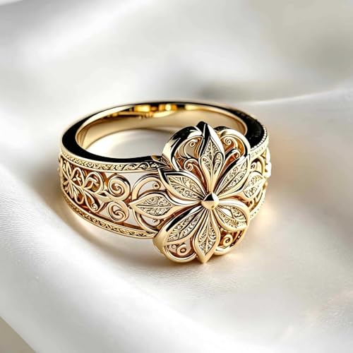 Floral Filigree Ring for Women Gold Chunky Flower Engraved Hollow Carved Vintage Classic Band Statement Rings Promise Engagement Wedding Jewelry Gift