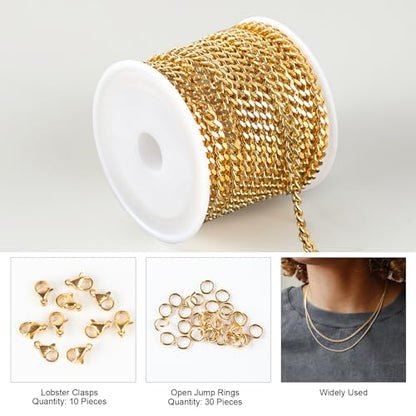 Kyutong 16.4 Feet Gold Plated Craft Chains for Jewelry Making | 304 Stainless Steel Curb Chain Roll for Women Men Necklace Bracelet DIY Supplies Findings - color: Gold Curb