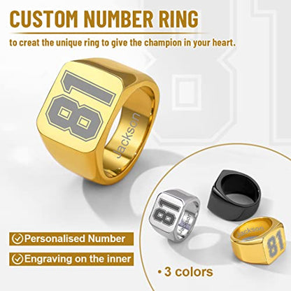 GoldChic Jewelry Personalized Signet Rings Men Women, Stainless Steel Custom Photo Bold Square/Oval Monogram/Old English Initial Pinky Stacking Statement Ring in Black/Silver/Gold (Size 7-14) - color: Gold-Number -Square