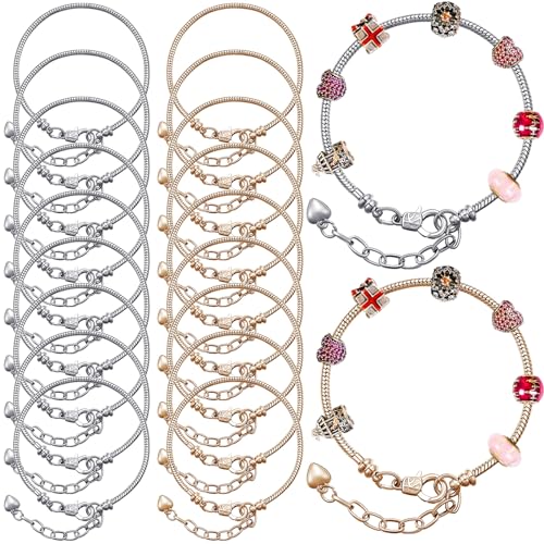 20 Pcs Snake Charm Bracelet Chain Adjustable Bangle Bracelets for Jewelry Making, Gold Silver Stainless Steel Bracelet Chains with Heart Extender for Women DIY Jewelry Making Supplies(Silver, Gold) - color: Silver, Gold