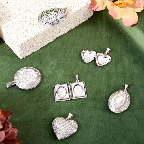 6Pcs 316 Stainless Steel Locket Pendants Heart Oval Flat Round Rectangle Photo Frame Charms Silver Locket Charms for Necklaces DIY Memorial Necklace Making - color: Golden Color, 6 Styles