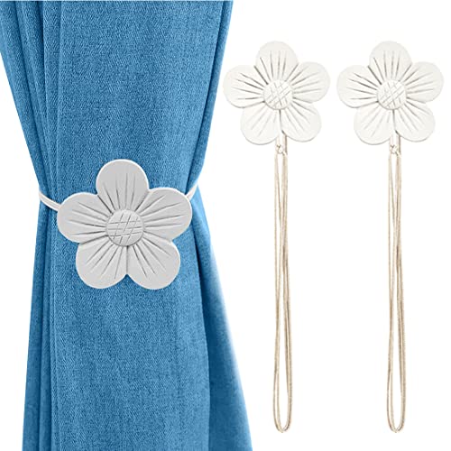 Lewondr Magnetic Curtain Tiebacks, Flower Vintage Curtain Holdbacks, White | 1 Pair, Resin Curtain Ties with Rope Drapery Retro Window Curtain Decorative Buckle Holder for Outdoor, Home, Cafe Balcony - color: White, size: 2 Pieces