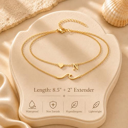 Initial Anklet Bracelets for Women, Waterproof Gold Plated Layered Ankles with Heart & Wave Charm, Non Tarnish Hypoallergenic Adjustable Summer Beach Pool Party Jewelry - style: Initial N