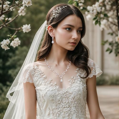 Gorgeous Wedding Jewelry Set for Women Bridal Cubic Zirconia Marquise Teardrop Leaf Cluster Y-Necklace Dangle Earrings Link Bracelet - color: 2PCS-Clear Rose-Gold-Plated-Brass