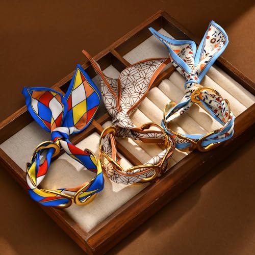 Women Trendy 2 in 1 Silk Scarf Wide Open Cuff Bangle Bracelet Set,18K Gold Plated Adjustable Scarf Cuff Bracelet, Stainless Steel Fashion Statement Wrist Cuff Wrap Jewelry Gifts - color: Coffee