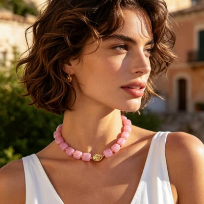 Chunky Beaded Necklace for Women,Square Resin beads boho Choker Necklace with gold-tone spacers,Fashion Trendy Summer Beach Party Necklaces Handmade Surfer Beach Necklaces Jewelry Gifts - color: Pink