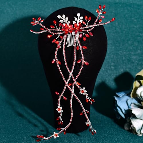 JHOO Rhinestone Hair Vine Comb, Bridal Wedding Hair Accessories,Silver Alloy Headpiece for Bridesmaids (Red) - color: Red