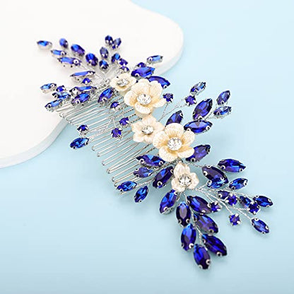 Bridal White Flower Blue Crystal Rhinestone Hair Comb for Bride Bridesmaid Sliding side Headpieces Wedding Hair Accessories for Women and Girls (Blue) - color: Blue
