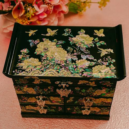 February Mountain Mother of Pearl Jewelry Box with Traditional Mother of Pearl Inlay - Elegant Floral and Butterfly Design for Her - style: Black