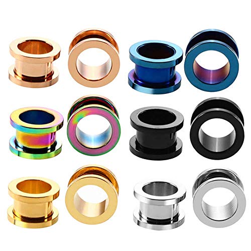 12-Piece Ear Tunnels, Screw-On 316L Stainless Steel, 12G-22mm | Polished surgical steel tunnels with secure screw-on double flares, colorful body piercing jewelry for women and men - style: 2G = 6mm