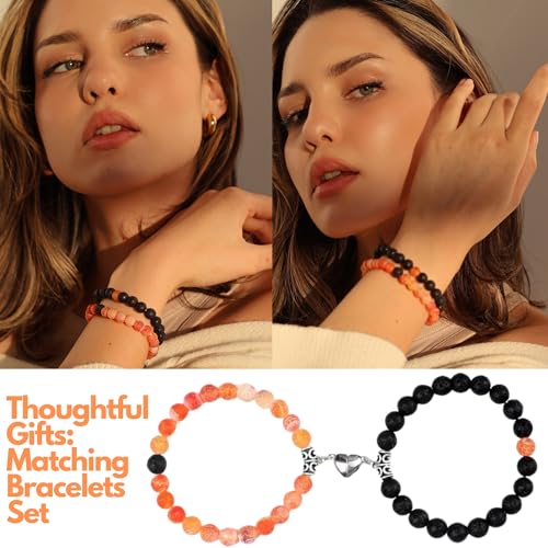Set Of 2 Couples Bracelet Magnetic Healing Natural Bead Stone Stretch Bracelet Unisex Anniversary, Friendship, Valentine, Christmas Gift - color: Lava+Orange Weathered, style: Without Giftbox