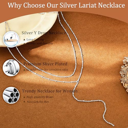 CHESKY Lariat Necklace for Women，14k Gold/Sliver Plated Layered Necklace | Gold/Sliver Long Necklace，Dainty Cross Pendant, Wedding Y-Shaped Drop Chain, Waterproof Jewelry Gift for Women Everyday Wear - style: SquareBead