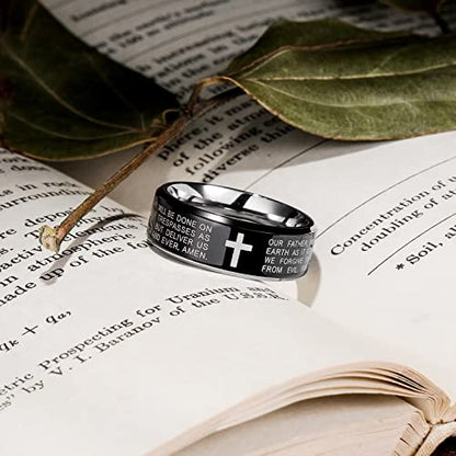 King Will Stainless Steel Men Ring Lord's Prayer Cross Ring Stainless Steel Men Wedding Ring, Wedding Band Bible Engraved Rings High Polished, Comfort Fit | 8mm, Gold/Silver/Black Wedding Band, Bible Engraved Rings, High Polished, Comfort Fit, Size 7-14 -