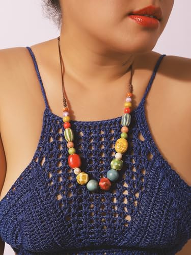 MINACHI Hippie Boho Colorful Ceramic Round Beads Strand Necklace, Bohemian Fashion Statement Jewelry Gift for Women - color: S07