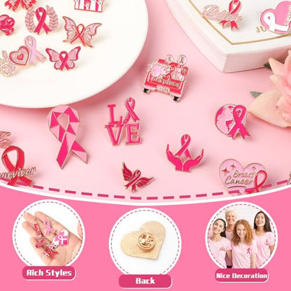SANNIX 60Pcs Breast Cancer Pins, Pink Ribbon Enamel Lapel Pins Brooch Badge Bulk for Breast Cancer Awareness Accessories Survivor Month Charity Event Party Favors, 30 Styles - style: Breast Cancer Awareness Pins