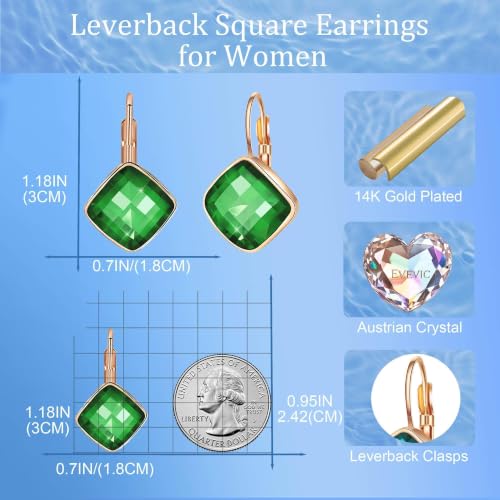 Austrian Crystal Square Leverback Drop Earrings for Women | Classic Square-Cut Crystal,14K Gold-Plated,Leverback for Easy Secure Wear,Gift Box Included,For Day and Evening Events - color: Emerald