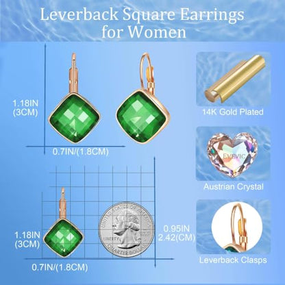 Austrian Crystal Square Leverback Drop Earrings for Women | Classic Square-Cut Crystal,14K Gold-Plated,Leverback for Easy Secure Wear,Gift Box Included,For Day and Evening Events - color: Emerald