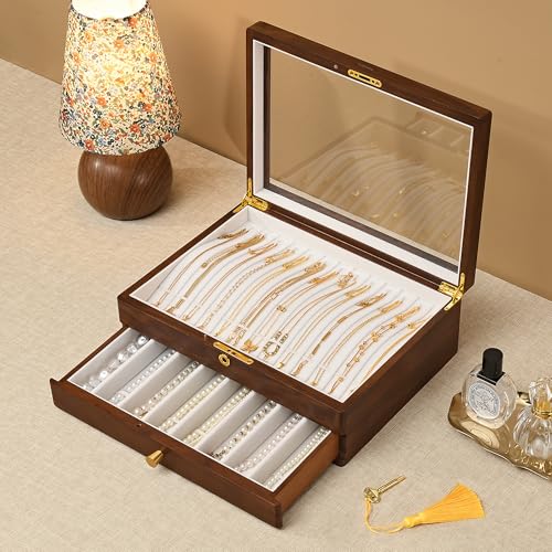 Black Walnut Lockable Necklace Box, Wooden Jewelry Organizer Case for Women | 2 Layer, Drawer, Solid Wood, Lock Key, Necklace Holder, Jewelry Display, Glass Lid, Handcraft, Velvet Line, Gift for Girl Mom - color: 2 Layer Full Lock Necklace Box