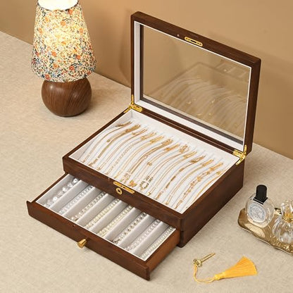 Black Walnut Lockable Necklace Box, Wooden Jewelry Organizer Case for Women | 2 Layer, Drawer, Solid Wood, Lock Key, Necklace Holder, Jewelry Display, Glass Lid, Handcraft, Velvet Line, Gift for Girl Mom - color: 2 Layer Full Lock Necklace Box