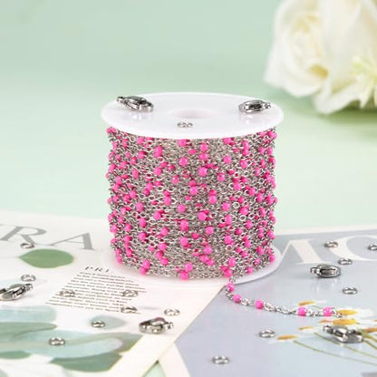 KYUNHO 16.4 Feet Rose Red Enamel Bead Chain Jewelry Supplies for Crafting | Stainless Steel Cable Chain Links on Roll Silver Chains for Jewelry Making with Jump Rings Lobster Clasps - color: Silver-Rose-2mm