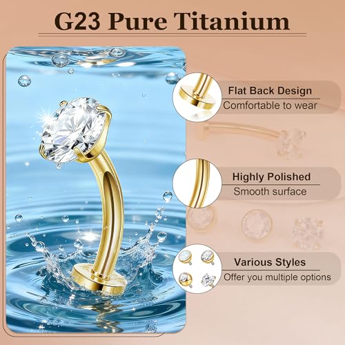 14G G23 Pure Titanium Floating Belly Button Ring for Women Flat Back Petite Belly Navel Ring Hypoallergenic Internally Threaded Navel Ring with Opal CZ Replacement Ball Belly Piercings Jewelry 6-16MM - color: Gold, size: Bar Length 14mm-Long