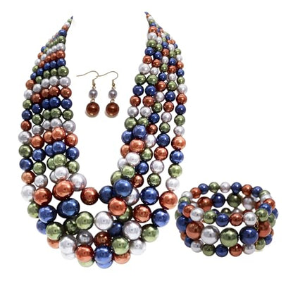JNF Large Faux Pearl Necklaces for Women Multi strand Pearl Necklace Bracelet and Earrings Set 1920s Costume Pearls Necklace Jewelry Accessories - color: dark multi Color