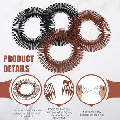 4PCS Flexible Headbands,Circular Stretch Comb Headband Zig Zag Plastic Circle Headbands Plastic Black Brown Circle Spring Headband Flexible Hair Wrap Holder Hairs Comb for Women Hair Accessories