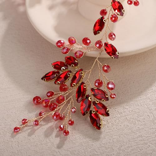 Teyglen Red Crystal Rhinestone Wedding Headband Bridal Crystal Hair Piece Sparkly Crystal Bride Wedding Hair Vine Hair Accessories for Women Bridal Party Prom Jewelry(Red) - color: Red