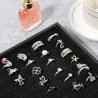 3 Pcs Stackable Ring Tray Set for Drawer, 100 Slots Velvet Jewelry Organizer Dish, Black Wooden Ring Display Case for Retail Store, Flea Market, Home Vanity (13.8 x 9.4 x 1.2 inches)