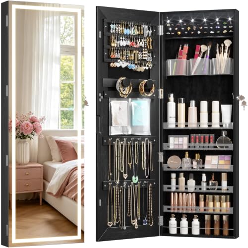 Wall Mounted Jewelry Organizer with Full Length Mirror, 42.5" Black | Over the Door Mirror with Storage, Lockable Jewelry Cabinet for Earring Ring Necklace, Large Capacity, Gift for Women - color: Wood Black