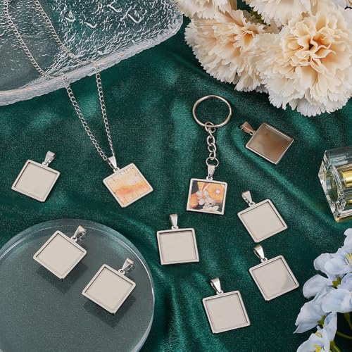 1 Box 10Pcs Stainless Steel Pendant Trays Square Bezel Pendant Trays Bulk Silver 20mm Small Cabochon DIY Charm Blank Bezel Base for Jewelry Making Resin Craft Photo Necklace Bracelets Adults - style: silver square
