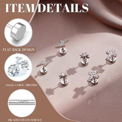 14K Gold Plated 925 Sterling Silver Flat Back Earrings Set | Hypoallergenic Cartilage Helix Conch Tragus Piercing Jewelry 3 Pairs Small Screw Dainty CZ Opal Earring Set Men Women - color: Silver, Style H