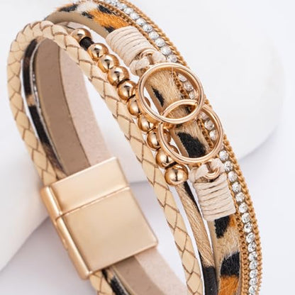 Chunky Boho Leather Wrap Bracelets Cowgirl Beaded Circle Western Jewelry | Stackable Infinity Layered Bohemian Magnetic Clasp Cuff Statement Fashion Colorful Country Hippie Outfits for Women Trendy - color: Leopard
