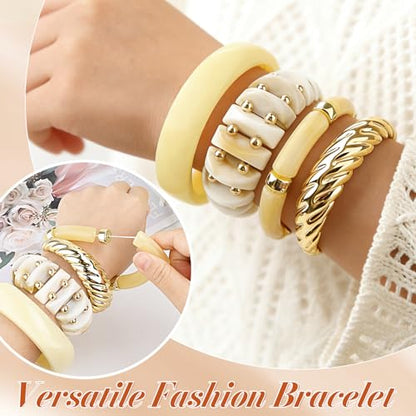 Acrylic Resin Bangle Bracelets for Women | Chunky Boho Stackable Geometric & Marbled Statement Jewelry | Lightweight Everyday Gift Set - color: Beige
