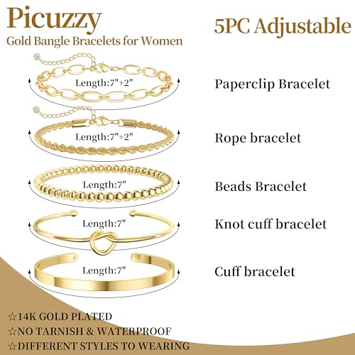 14K Gold Plated Stackable Bangle Bracelets Set for Women | Cuff Bracelet Stackable Bangles Bracelet for Women Trendy Fashion Accessories Tie Knot Cuban Rope Paperclip Beaded Bracelets - color: 5-layer G GD