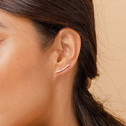 PAVOI 14K Gold Plated Cubic Zirconia Ear Crawler Stud Earrings for Women - Faux Diamond Arrow Climber Fashion Earrings - Trendy Earscape Statement Jewelry - style: Curve Bar