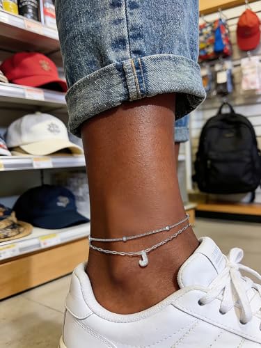 Richsteel Initial Ankle Bracelets for Women Waterproof, 14K Gold Plated/Silver Stainless Steel Anklets, Dainty Adjustable Layered Anklets with Bubble Letter, Non Tarnish Summer Beach Jewelry with Gift Box - color: J-Silver