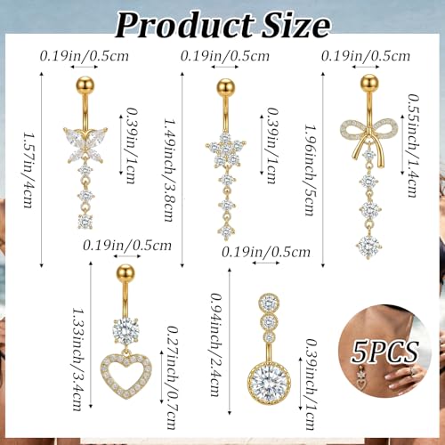 5Pcs Gold Belly Button Rings, Dangle Belly Rings, Belly Piercing Jewelry, 14G Stainless Steel Navel Piercing with Cute Heart Flower Butterfly Dangle Belly Ring