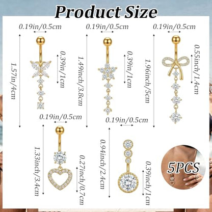 5Pcs Gold Belly Button Rings, Dangle Belly Rings, Belly Piercing Jewelry, 14G Stainless Steel Navel Piercing with Cute Heart Flower Butterfly Dangle Belly Ring