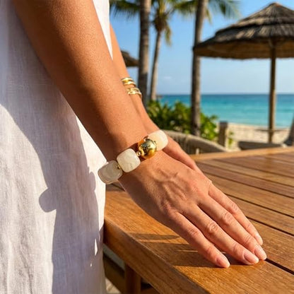 WOWORAMA Chunky Beaded Bracelets for Women Colorful Large Square Beads Bracelet Boho Acrylic Resin Stretch Bracelets Statement Chunky Bracelet Summer Jewelry - color: Square-Cream White