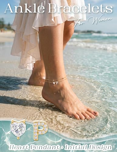 Kakonia Double Layer Initial Anklet for Women, 14K Gold Plated Heart Ankle Bracelet, Personalized A-Z Letter, Waterproof Non Tarnish Cubic Zirconia Dainty Adjustable Summer Beach Jewelry Gift - style: Letter P