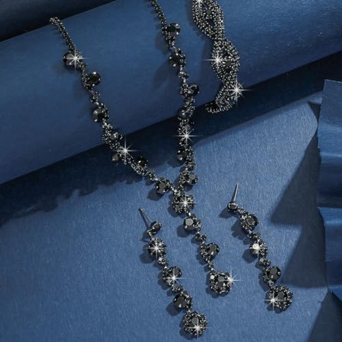Prom Earrings Necklace Bracelet Set Elegant Crystal Rhinestone Necklace Earrings Bracelet Bridal Wedding Prom Dresses Costume Outfit Gold Jewelry Sets for Women - color: Black B