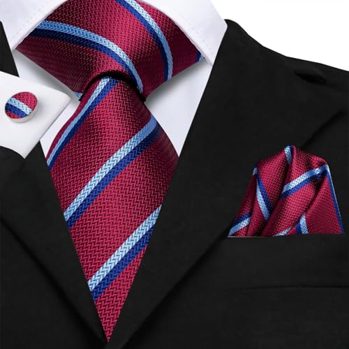 Dubulle Mens Paisley Striped Tie Woven Necktie for Men and Handkerchief Cufflinks Set Wedding Formal Business - color: Burgundy