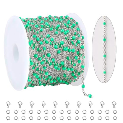 KYUNHOO 5 Meters Green Enamel Beaded Cable Chain Links for Jewelry Making | Silver Necklace Bulk Stainless Steel Jewelry Chains with Clasps Jewelry Supplies for Women DIY Crafts - color: silver-light green