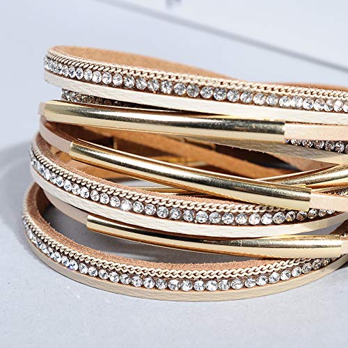 Artilady Leather Wrap Bracelet for Women, Pearl Beaded Bangle Stack Jewelry | Easy on-off, Elegant Handmade Multi-Layered, Daily Casual Date Beach Vacation, Gift for Ladies, Mother, Sister & Friend - style: Light Brown with Gold bar