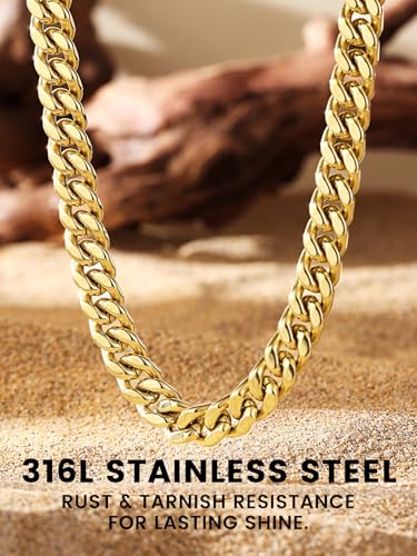 Bestyle Thick Stainless Steel Mens Cuban Link Chain, Black/Gold Chain for Men, No Tarnish & Durable Men Chain Necklace, 5/7/9/12mm Wide, 18"-30" Long, Gift Package - style: b. 9mm-Gold