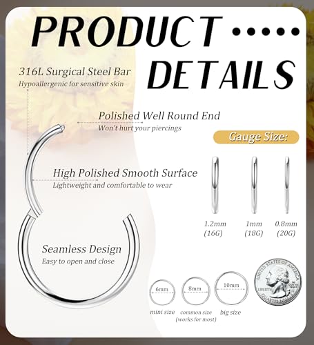 3pcs Nose Rings Hoops - 316L Surgical Steel Nose Hoops 16G/18G/20G CZ Opal Turquoise Clicker Septum Nose Ring Lip Helix Cartilage Hoop Earring Daith Rook Conch Body Piercing Jewelry for Women Men 6mm 8mm 10mm - color: Silver, size: 16 gauge(1.2mm)-6mm