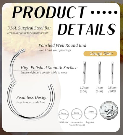 3pcs Nose Rings Hoops - 316L Surgical Steel Nose Hoops 16G/18G/20G CZ Opal Turquoise Clicker Septum Nose Ring Lip Helix Cartilage Hoop Earring Daith Rook Conch Body Piercing Jewelry for Women Men 6mm 8mm 10mm - color: Silver, size: 16 gauge(1.2mm)-6mm